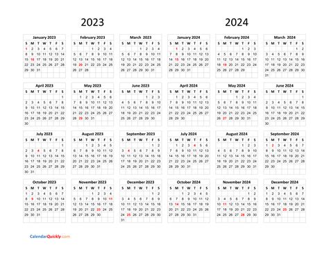 Calendar 2023 And 2024 On One Page Calendar Quickly