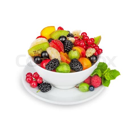 Fruit Salad In White Bowl Isolated On White Background Stock Photo