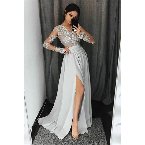 V Neck Floor Length Prom Dresses A Line Long Sleeves Applique Front
