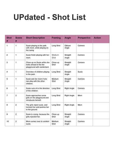 Handy Shot List Templates Film Photography Templatelab
