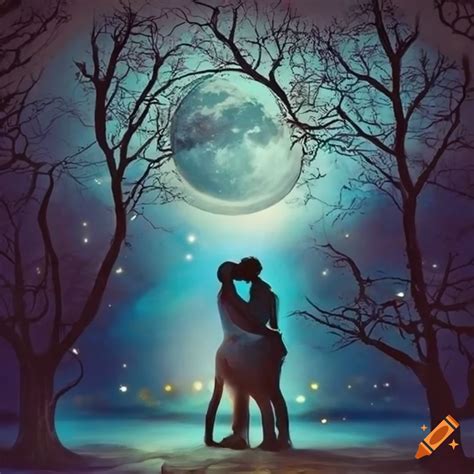 Couple Kissing Under The Tree Of Life In Moonlight Abstract Art On Craiyon