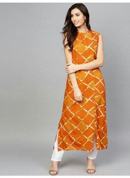 Orange And Mustard Yellow Checked Straight Kurta Has A Round Neck With Button Closure