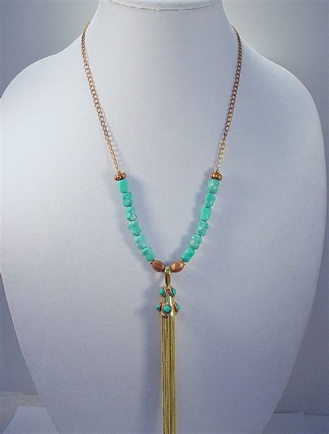 Long Statement Necklace With Turquoise Studded Tassel And Etsy