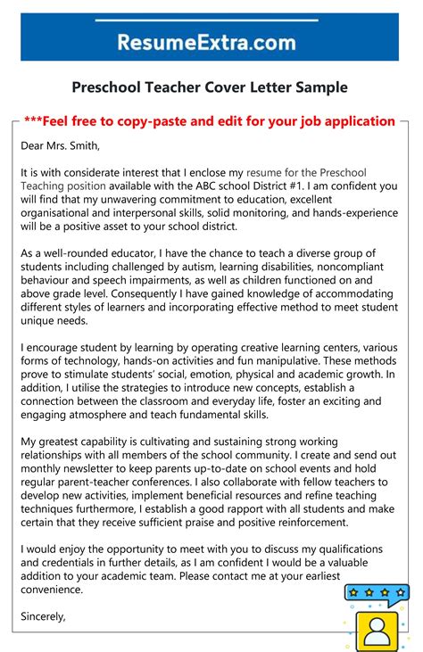 Free Preschool Teacher Cover Letter Teacher Cover Letter Example