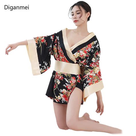 Black Sexy Kimonos Dress Japan Style Cherry Blossoms Cosplay Japanese