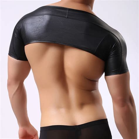 Fashion Brand Black Faux Leather Man Sexy Designer Fitness Crop Tank Tops Gay Male Funny