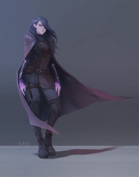 A Woman With Long Black Hair Wearing A Purple Cape And Boots Standing