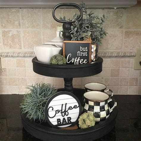 Rustic wood two tiered tray by felt creative home goods, rectangle 2 tier tray. Coffee bar decor black & white tiered tray items Mix and ...