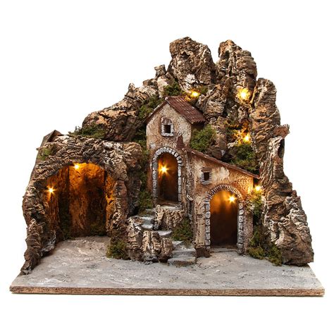 Illuminated Nativity Scene With Cave And Small Houses Online Sales On
