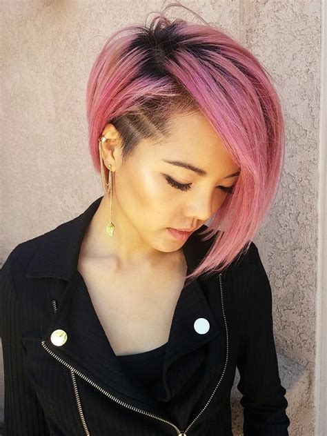Rose Goldfaded Pink Asymmetrical Long Pixie With Shaved Side Cabello