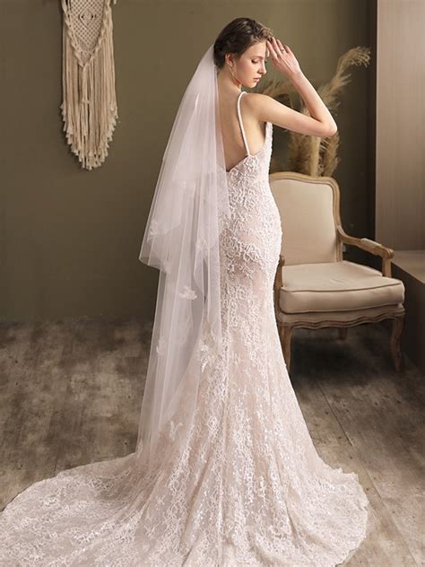 Stunning Tulle Two Tier Waltz Bridal Veils With Applique At Hebeos