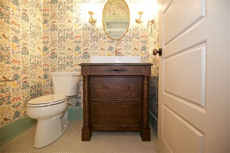 Farmhouse Powder Room With Wallpaper And Painted Trim Home Builders