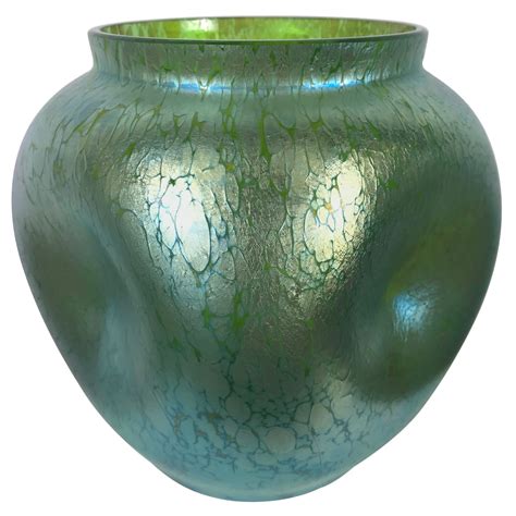 Art Nouveau Austrian Art Glass Vase In Green Iridescent And Gold Relief
