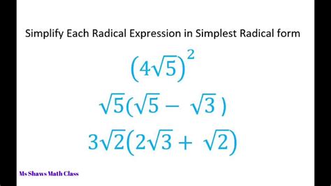 Simplify Each Radical Expression In Simplest Radical Form Youtube
