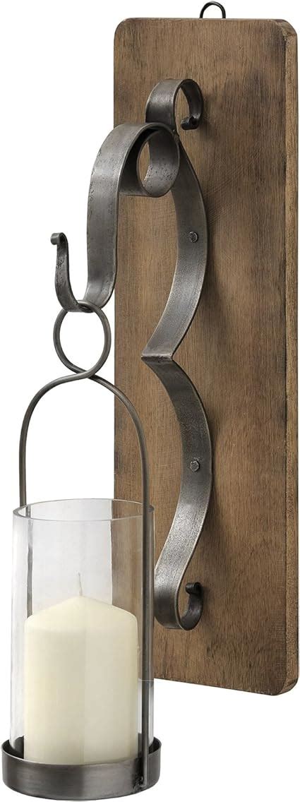 Interior Flair Wall Hanging Wood Pewter Grey Metal Candle Holder Sconce