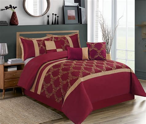 Hig 7 Piece Comforter Set Queen Burgundy And Gold Faux Silk Fabric