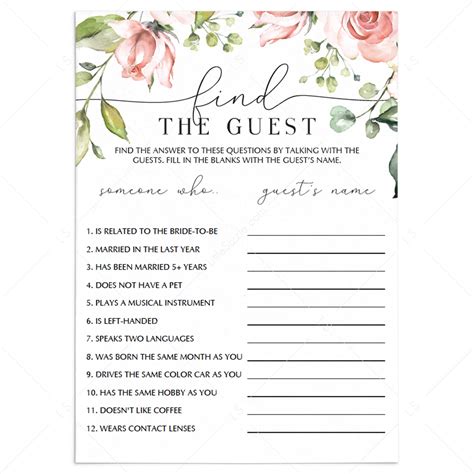 Editable Find The Guest Game For Wedding Showers Instant Download