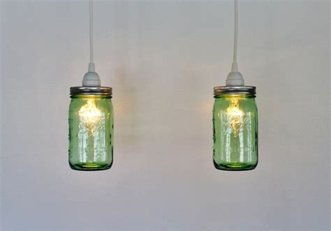Pair Of Green Mason Jar Pendant Lamps 2 Hanging Lighting Etsy