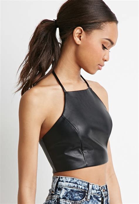 Faux Leather Halter Crop Top Leather Jackets Women Women Leather Outfit