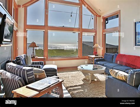 Ocean View Through Living Room Window Stock Photo Alamy