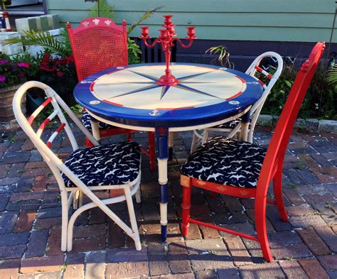 Our nautical collection has the strength, durability and beauty to outshine, outperform and outlast any storm. Custom hand painted coastal chic nautical table & 4 chairs ...
