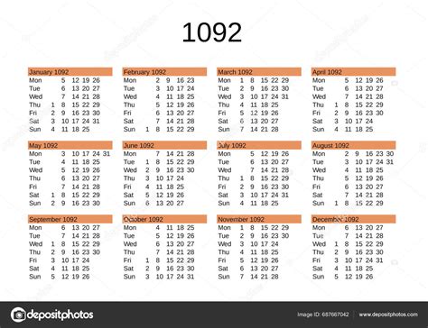 Calendar Year 1092 English Language Stock Vector By ©claudiodivizia