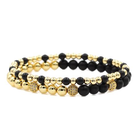 Men S Black And Gold Beaded Bracelets With Matte Onyx Blackandgoldbracelet Beaded Bracelets