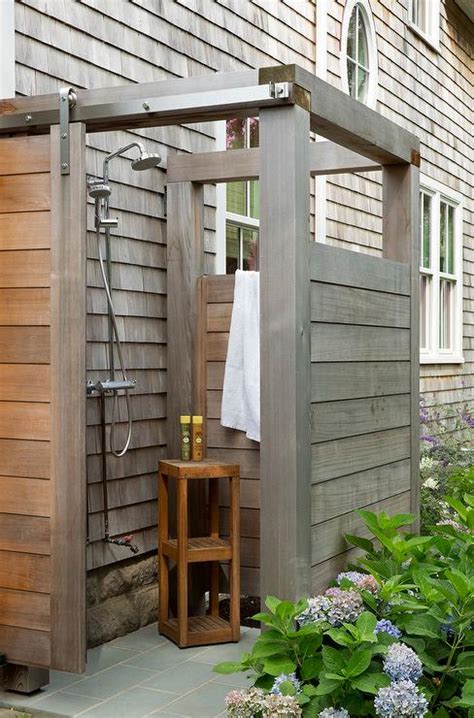 Gray Teak Outdoor Shower With Plank Sliding Barn Door On Rails Transitional Deckpatio