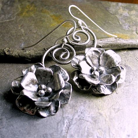 Sterling Silver Flower Rose Dangle Earrings Metalwork