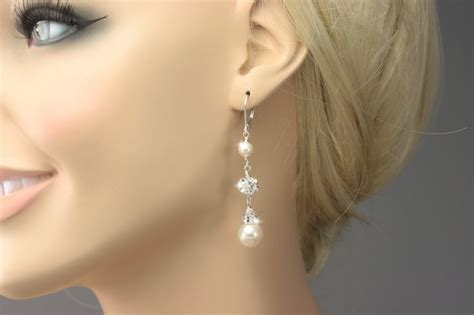 Long Pearl And Rhinestone Dangle Earrings Bridal Wedding Etsy