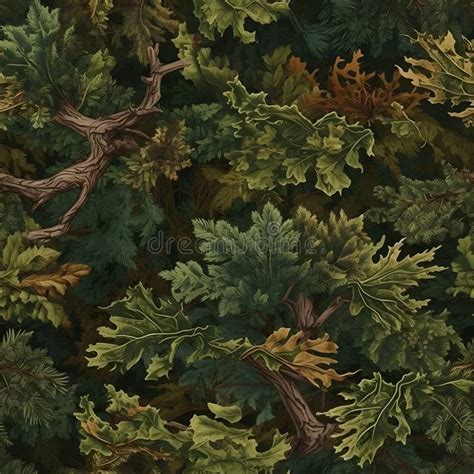 Realistic Forest Camouflage Seamless Pattern Conifer And Oak Branches