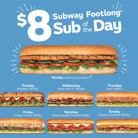 As there are many ways to find discounts, hungry folks should read this guide to the top subway deals and specials so taking a bite of delicious sandwich does not take a bite. $8 'SUB OF THE DAY' SUBWAY FOOTLONG - Figtree Grove