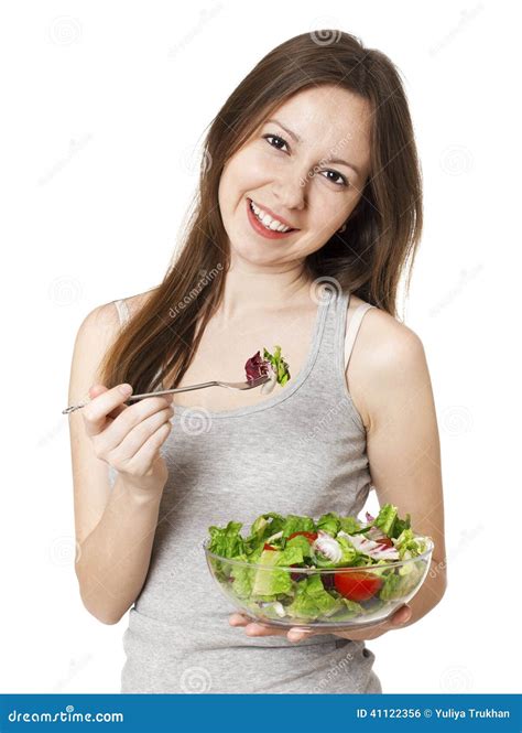 Happy Young Woman Eating Salad Stock Photo Image Of Beauty Isolated