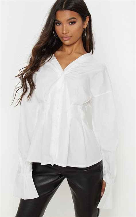 White Ruched Waist Oversized Shirt Tops Prettylittlething Usa