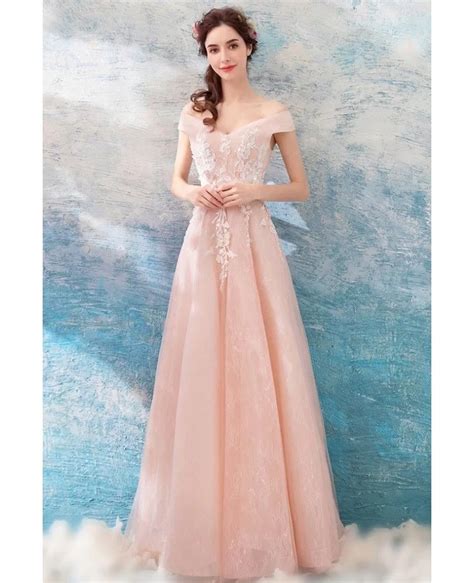 A Line Light Pink Applique Formal Dress With Off Shoulder Straps