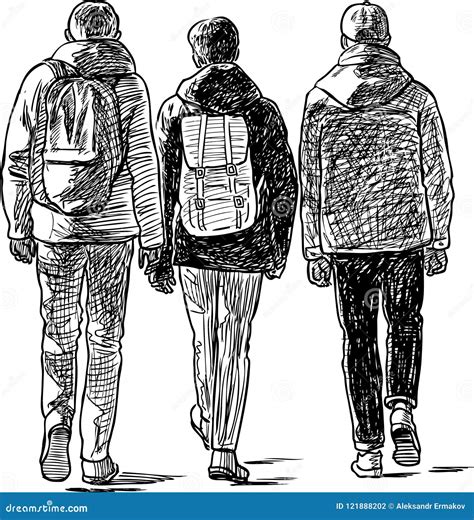 Sketch Of The Students Boys Going On A Stroll Stock Vector