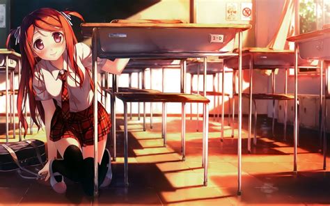 Wallpaper Redhead Long Hair Anime Girls Chair Thigh Highs School