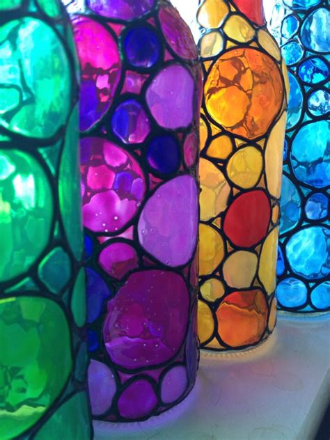 Four Stained Bubbly Glass Bottles Painted Etsy