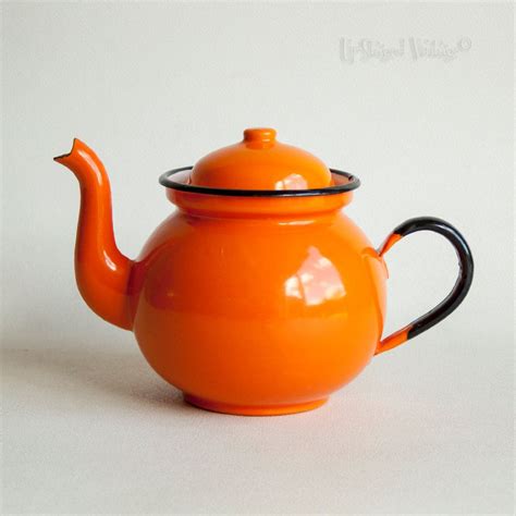 Vintage Retro Bright Orange Enamel Teapot French Style Shabby Etsy UK