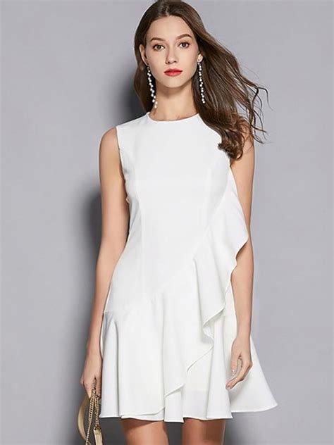 White Casual Sleeveless Ruffles Sleeve Asymmetrical A Line Dress A