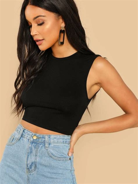 Shein Solid Cropped Tank Top Slim Fit Crop Top Cropped Tank Top