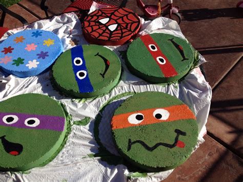 For moms out there that rely on licensed character party supplies to decorate your i hope this idea has inspired you to create you own teenage mutant ninja turtle party decorations! Old pavers into ninja turtles. | Christmas ornaments, Decor