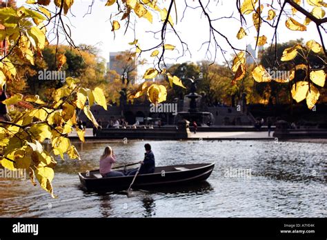 Central Park New York Pond And Bethesda Fountain Rowing Boat Fall