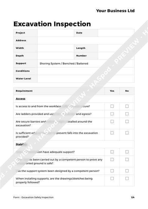 Excavation Safety Inspection Form Template Haspod