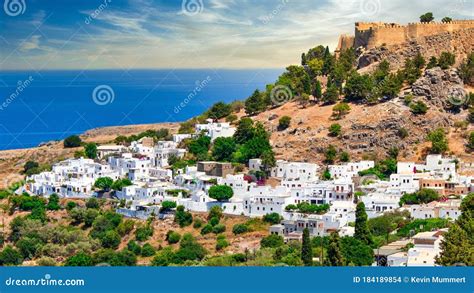 Das Mittelalterliche Dorf Lindos Auf Die Griechische Insel Rhodos Mit