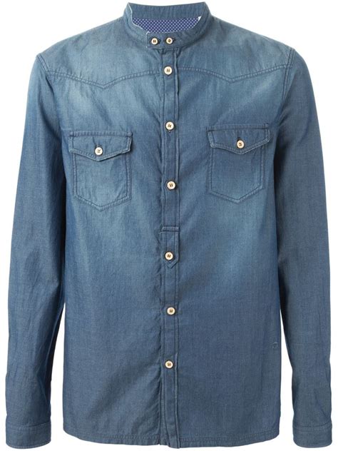 Paolo Pecora Band Collar Denim Shirt In Blue For Men Lyst