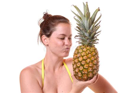 Smiling Woman Holding Two Pineapples Stock Image Image Of Kiss Smiling 117111669