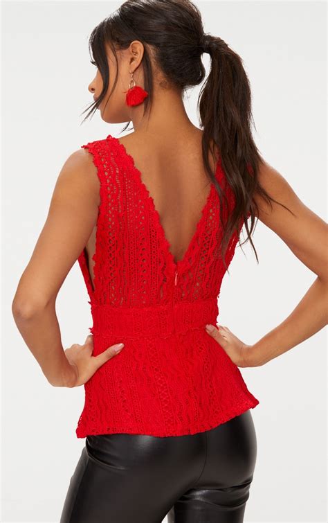 red lace plunge top prettylittlething usa