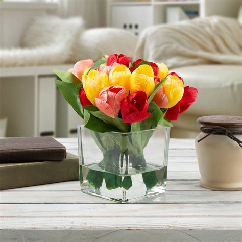 multicolor tulip artificial floral arrangement with vase and faux water fake flowers for home