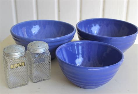 Vintage Royal Blue Pottery Nesting Bowls And Shakers Rustic Farmhouse